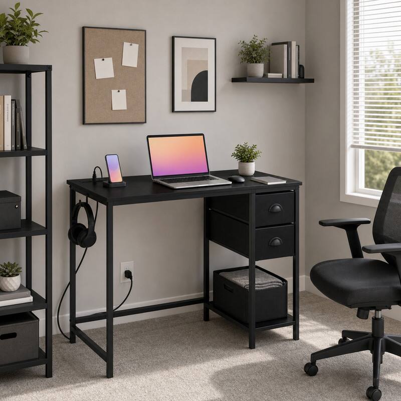 WELLFOR - 38" Computer Desk with Charging Station & 2 Fabric Drawers,Home Office Desk Writing Desk for Small Spaces - Black