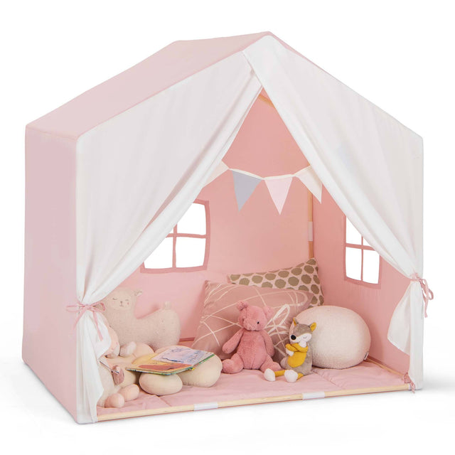 Front. Costway - Costway Kid's Play Tent Toddler Playhouse Castle Solid Wood Frame with Washable Mat Pink - Pink.
