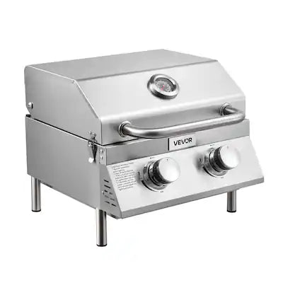 VEVOR - Tabletop Gas Grill, 2-Burner Stainless Steel Portable Propane Grill, with Built-in Thermometer, Travel Locks
