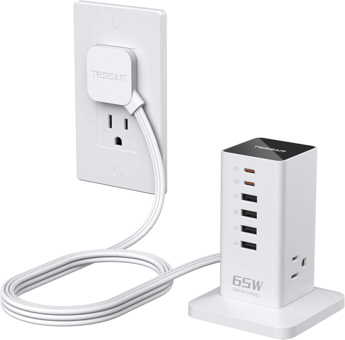 TESSAN - GaN 65W 3 Outlets/4-USB-A/2-USB-C Tower Power Strip Charging Station - White