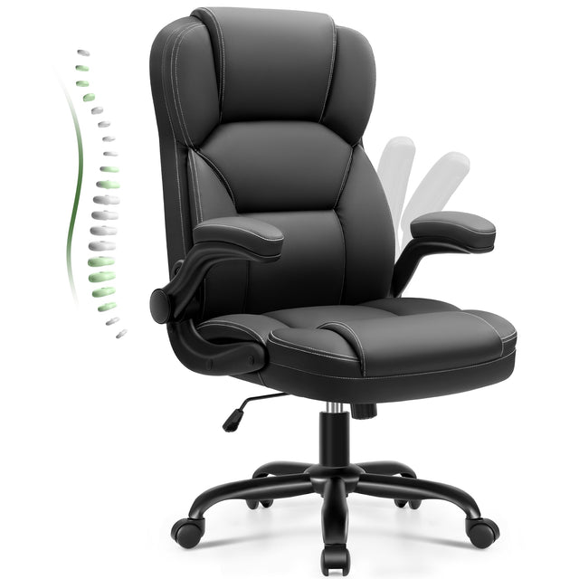 Front. Brick Attic - Leather Office Chair with Flip Up Arms, 360° Swivel Ergonomic Desk Chair with Wheels, Adjustable Height Computer Chair - Black.