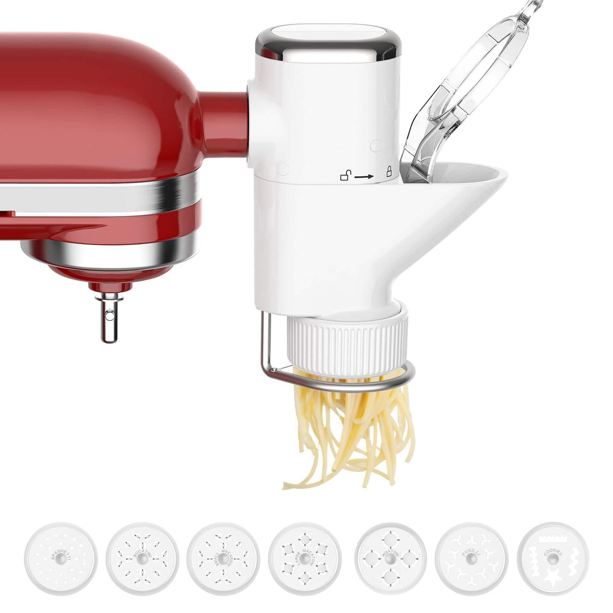 Gvode - 7-in-1 Pasta Attachment for 7 Pasta Shapes, Compatible with KitchenAid® Stand Mixers, Cookie Disc & Brush - White