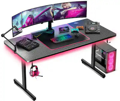 GTPlayer - 55-inch Gaming Desk with RGB Lights Mouse Pad & Accessory Hooks - Carbon Fiber