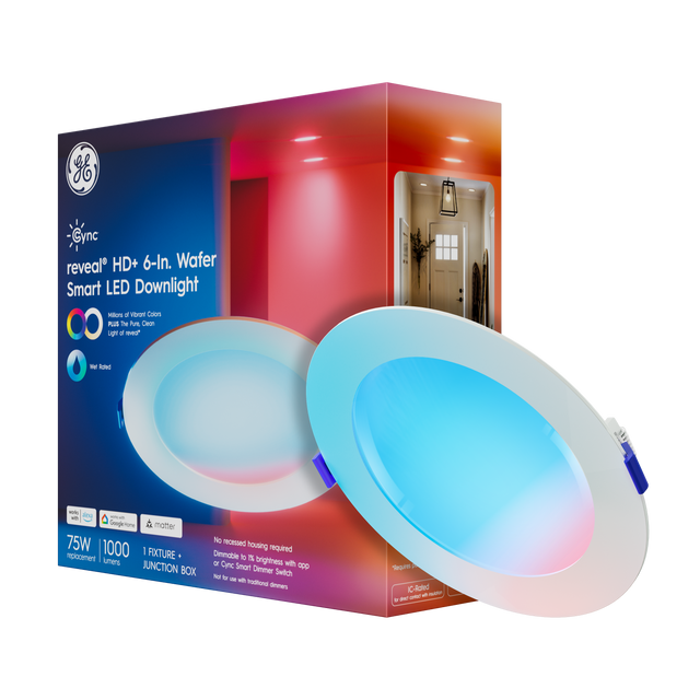 y Cyn reveal HD+ 6-In. Wafer Smart LED Downlight

Millions of Vibrant Colors
PLUS The Pure, Clean Light of Near

75W 1000 lumens
Replacement FIXTURE + JUNCTION BOX

No recessed housing required
Dimmable to 10% brightness with app or Cync Smart Dimmer Switch
Not for use with traditional dimmers

Well Rated
for great contact with recessed

Works with Google Home
Works with Amazon Alexa
Works with Matter