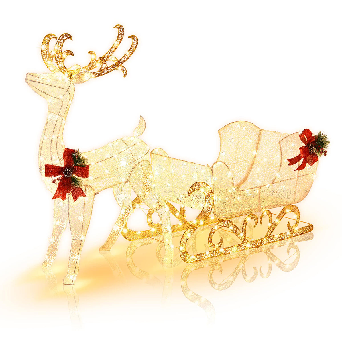 Costway - 6 FT Christmas Lighted Reindeer & Santa's Sleigh W/ 215 LED Lights & 4 Stakes - Gold