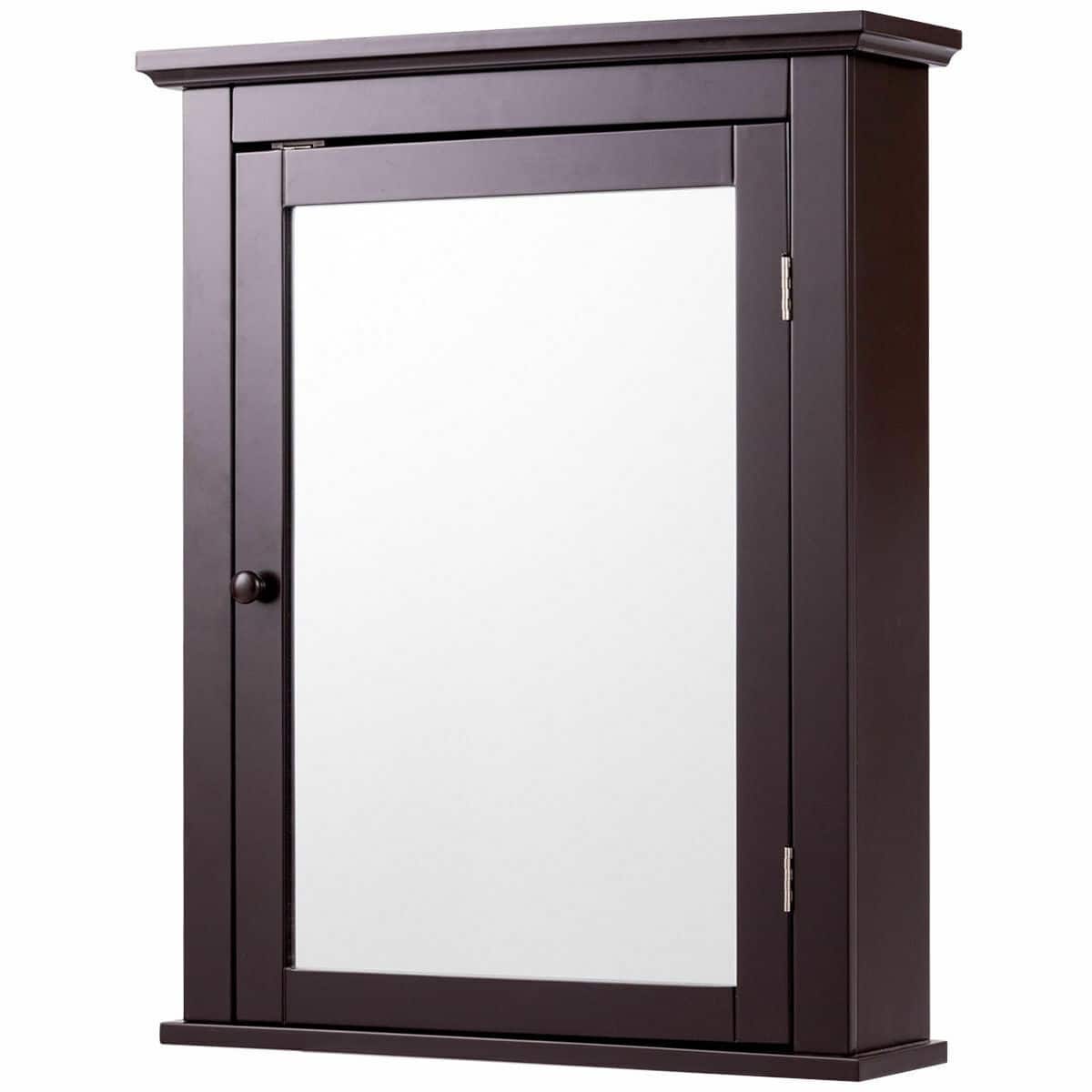 WELLFOR - Wall-Mounted Bathroom Mirror Cabinet with Height-Adjustable Shelf and HD Mirror - Brown