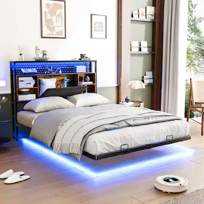Winado - Full Size Versatile Metal Bed Frame with Charging Station, LED Lights,Hidden Storage Headboard,No Box Spring Needed
