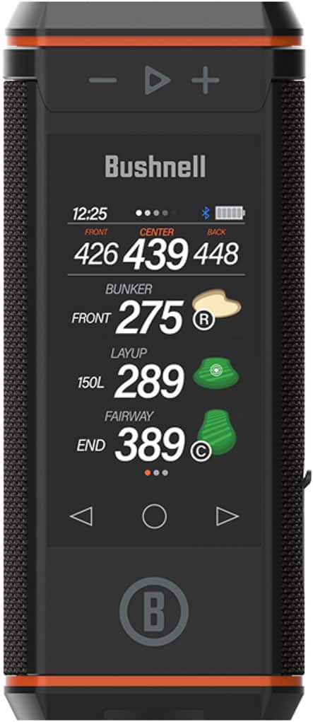 Bushnell - Wingman HD GPS Enabled Golf Rangefinder Bluetooth Speaker with Audio and Visual Distances, Magnetic Grip, and Power Bank - Black/Orange