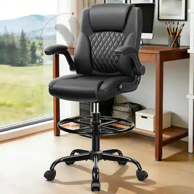 Brick Attic - Executive Tall Drafting Chair, Ergonomic Leather Office Chair with Flip-Up Armrest, Adjustable Height Desk Chair