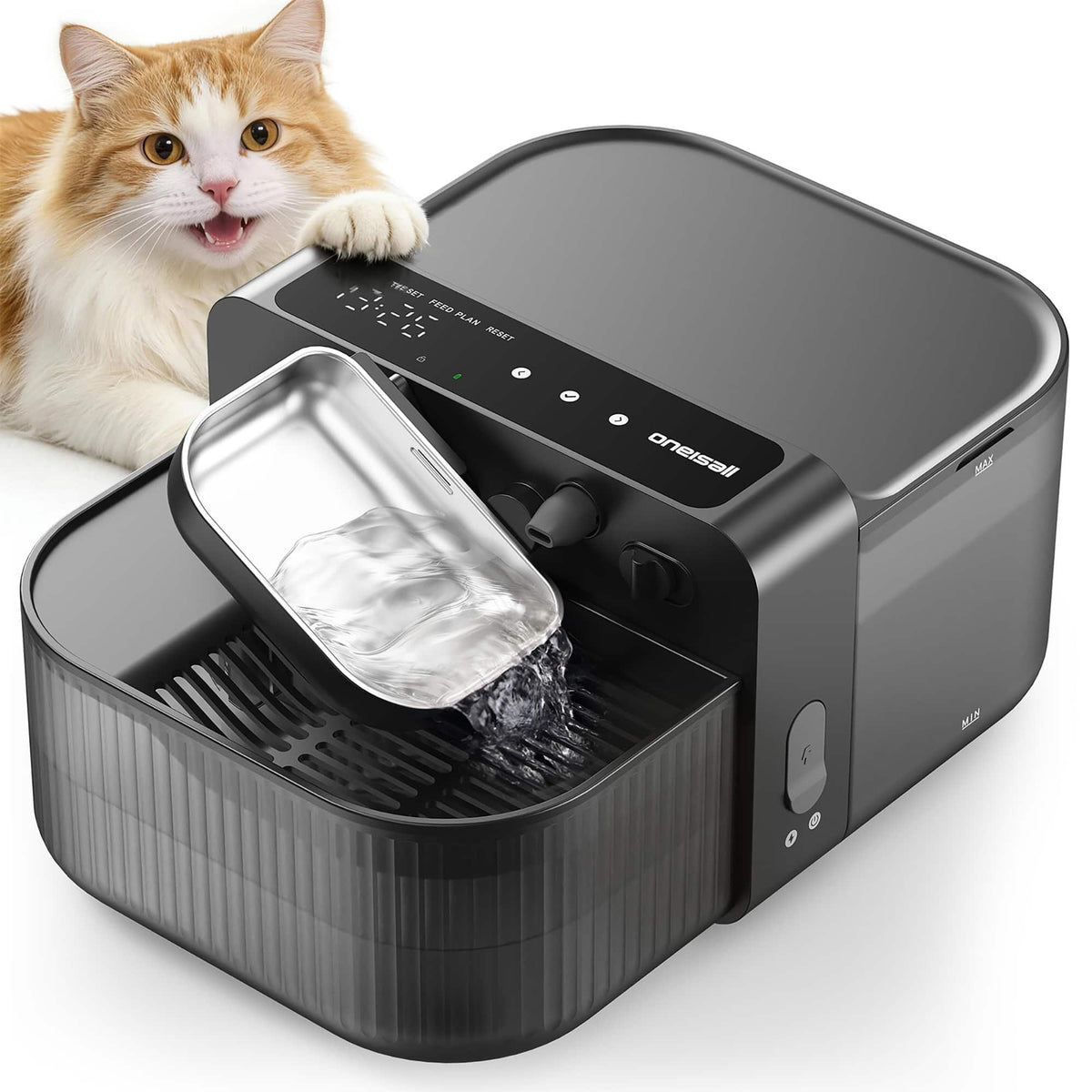 Oneisall - 3.5L/118oz Wireless Filterless Cat Water Fountain Separate Clean and Dirty Water Pet Fountain with Stainless Steel Bowl - Black