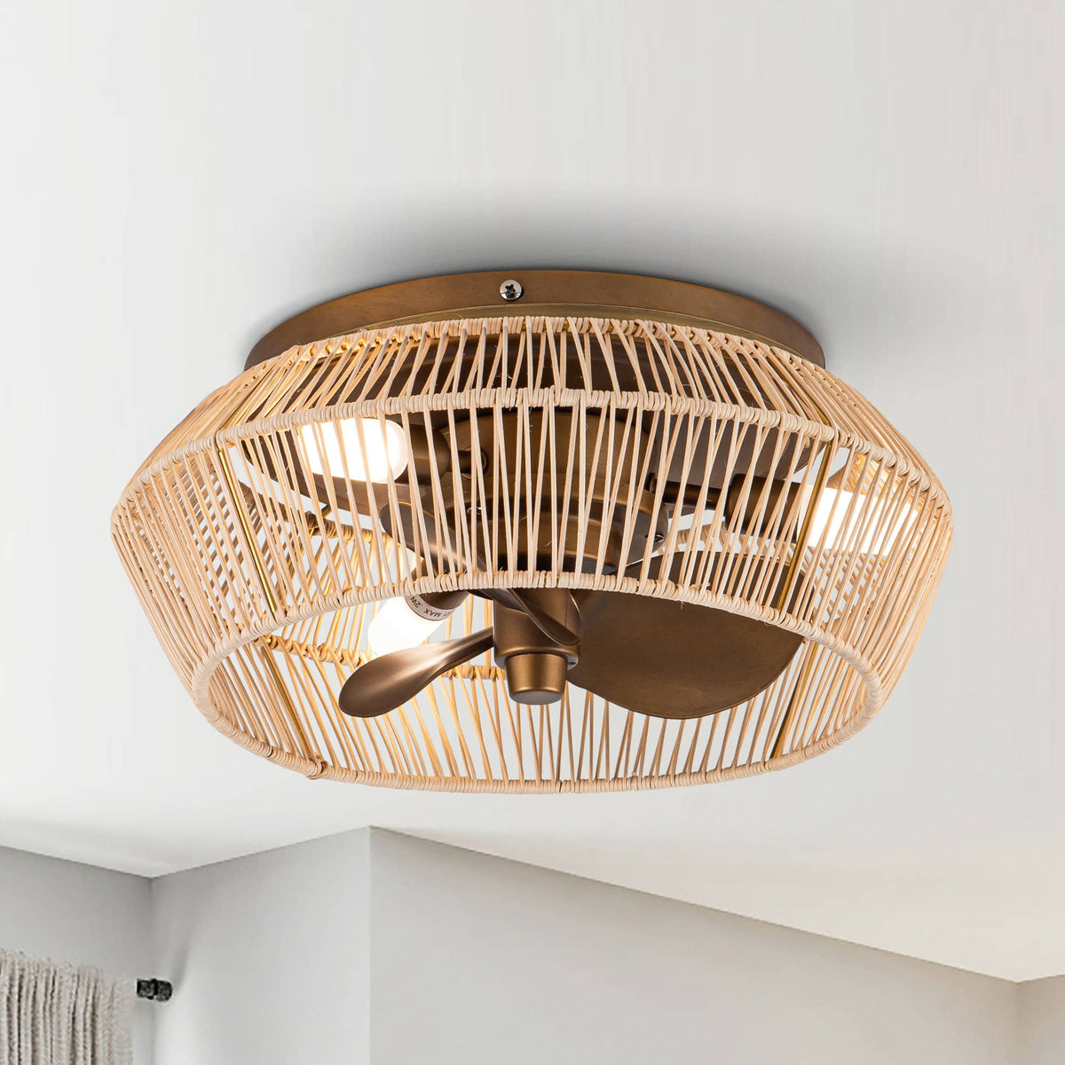 Parrot Uncle - 13.5" Brushed Cage Low Profile Flush Mount Ceiling Fan with Lights and Remote - Bronze