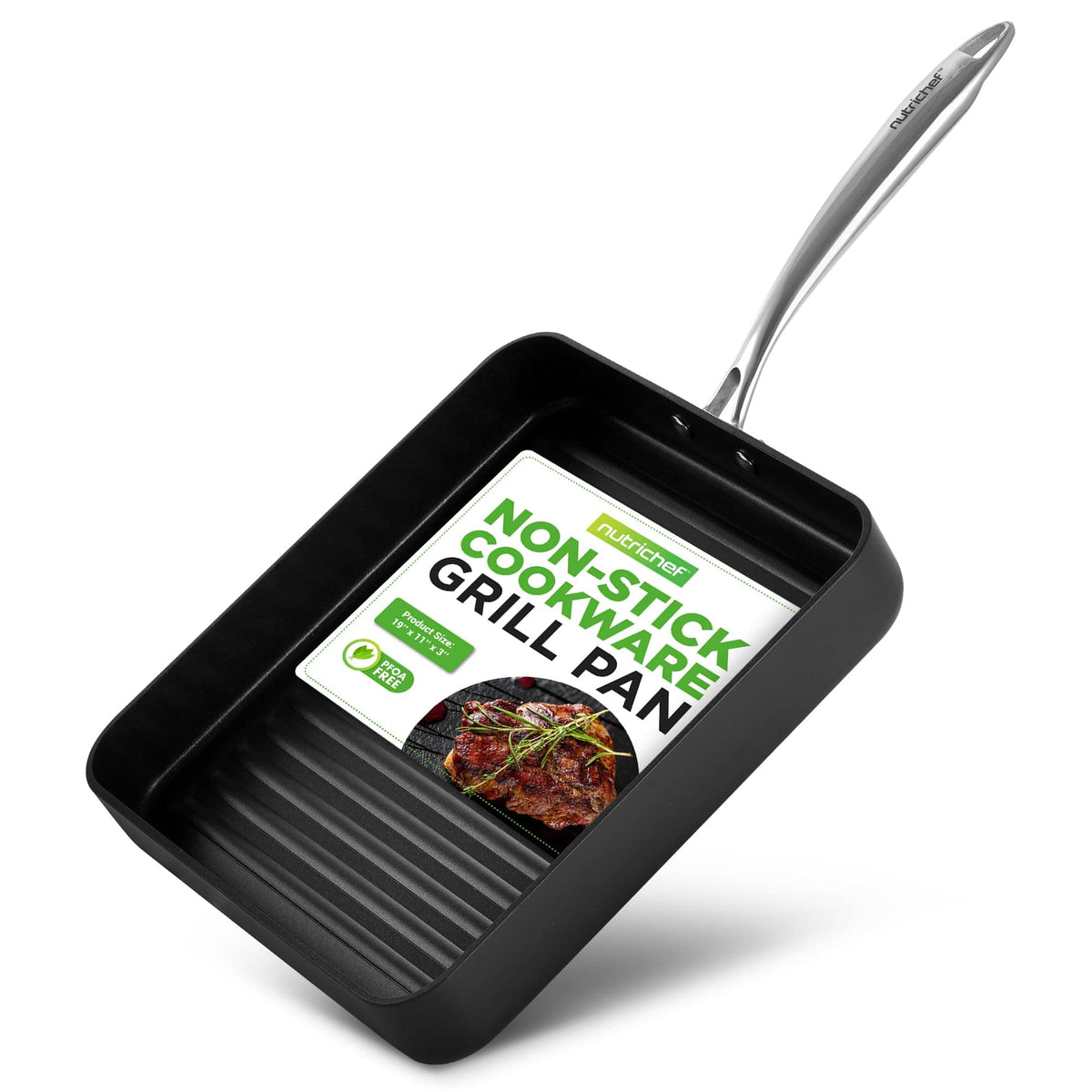 NutriChef - 11" Square Grill Pan, Non-Stick, High Ridges, Dishwasher Safe, Stove Top Griddle (NCGRP38) - Black