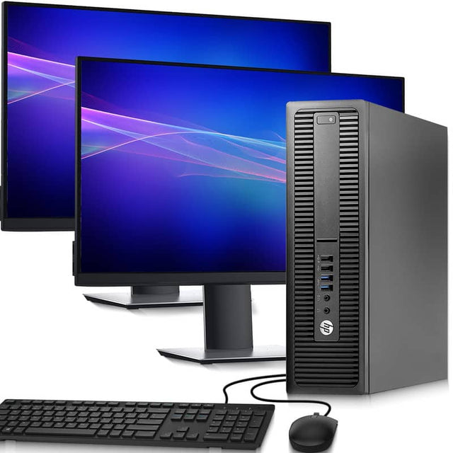 Front. HP - ProDesk Desktop Computer PC | Intel Core i5-4th 3.2GHz | 16GB DDR3 RAM | 128GB + 1TB HDD | Dual 22" LED | Wi-Fi | Win11 - Black.