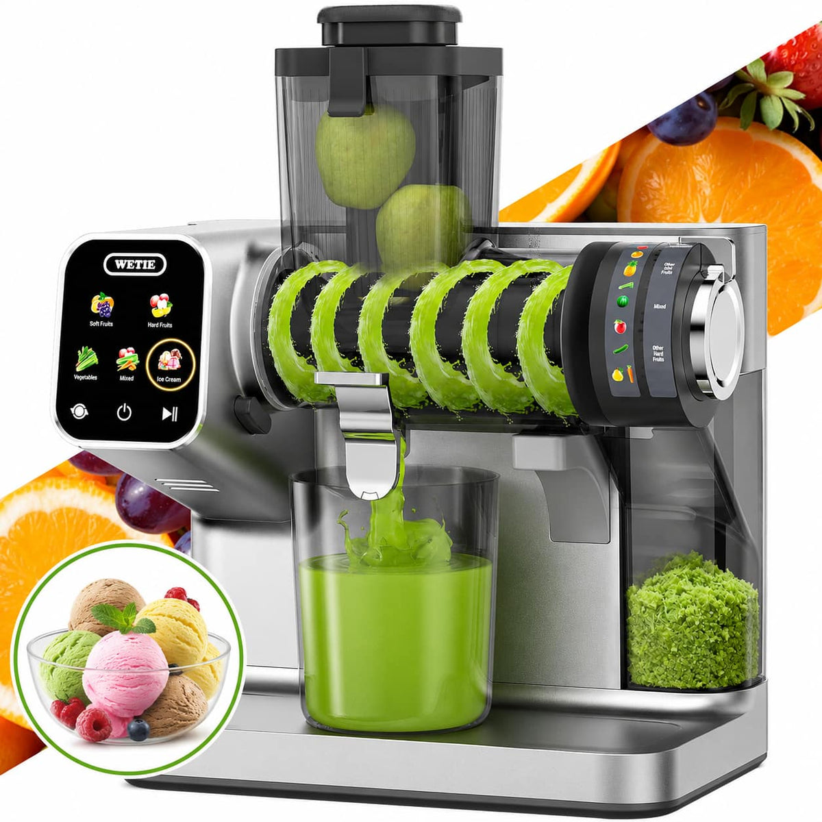 WETIE - Cold Press Juicer Machine, Adjustable Juicing Pressure, Touch Screen Quiet Slow Masticating, 99% High Juice Yield - Gray