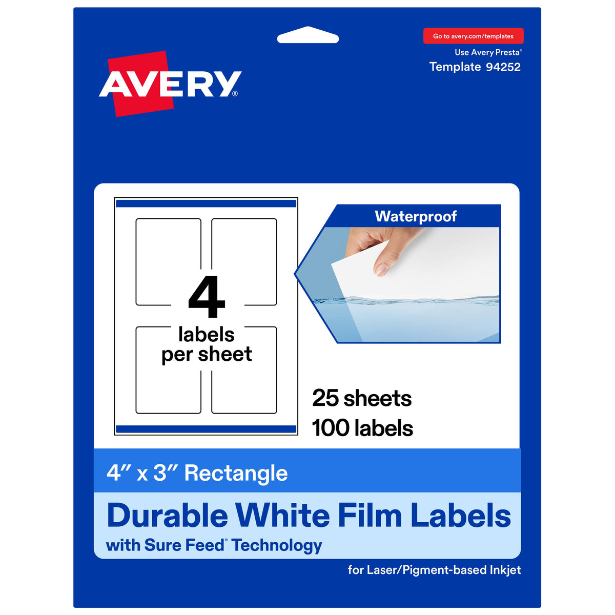 Avery - 4" x 3" Waterproof Rectangle Labels, 100 Labels - White