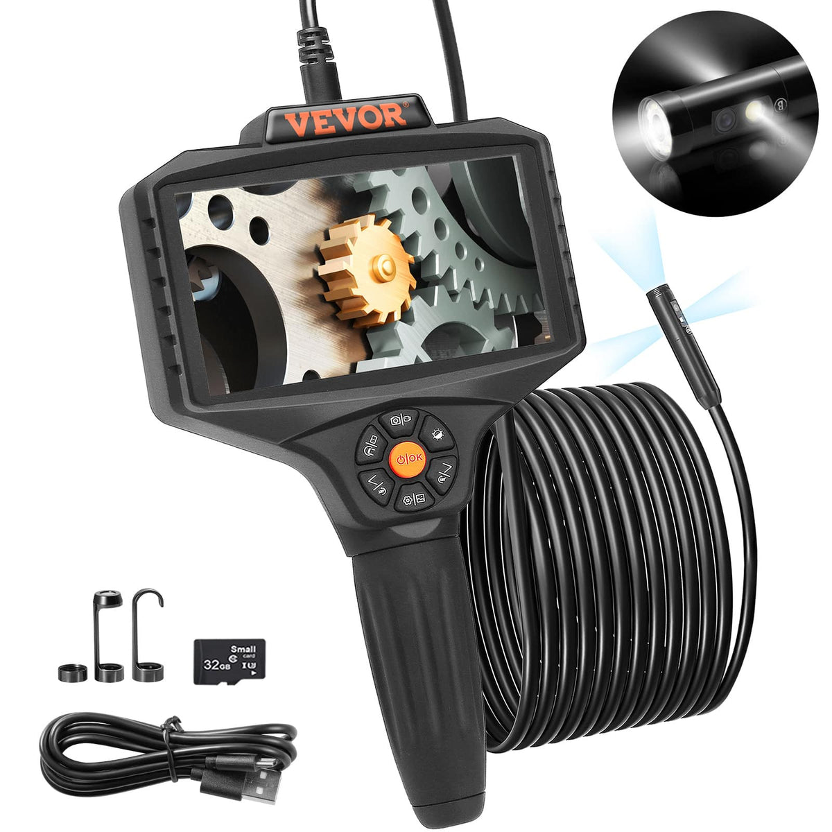 VEVOR - Triple Lens Borescope, 5" IPS Screen Inspection Camera with Lights, 8X Zoom 1080P HD Split Screen, 10 LED Lights Scope - Black