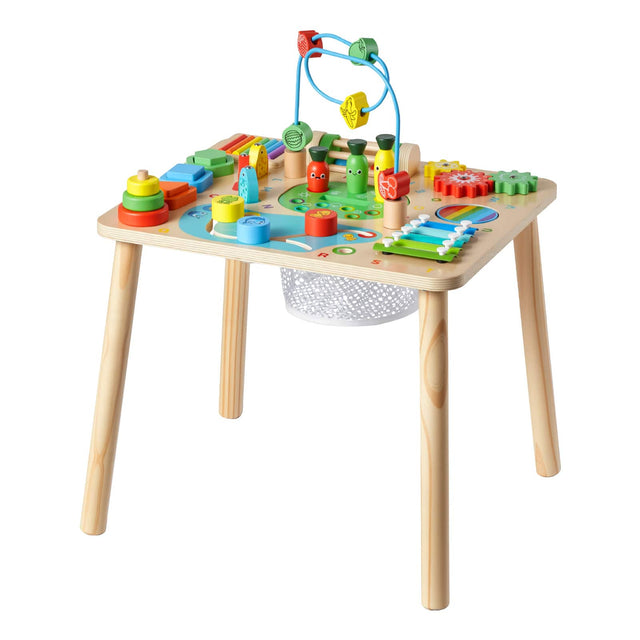 Front. VEVOR - Montessori Activity Table for Toddler 1-3 Years Old, 13 in 1 Wooden Learn Activity Desk - Natural wood color + colored accents.