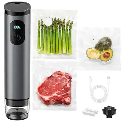 Gvode - Metal Handheld Vacuum Sealer: 60kPa Cordless Food Sealer with 1500mAh Battery, 30 Reusable Bags & Wine Stopper