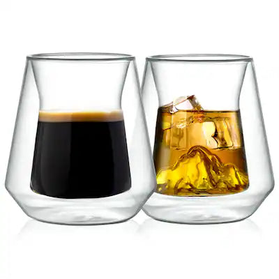 NutriChef - Double Wall Insulated Glasses, 2pcs 8oz High Borosilicate Glass Mugs, Sweat-Free, for Hot/Cold Drinks