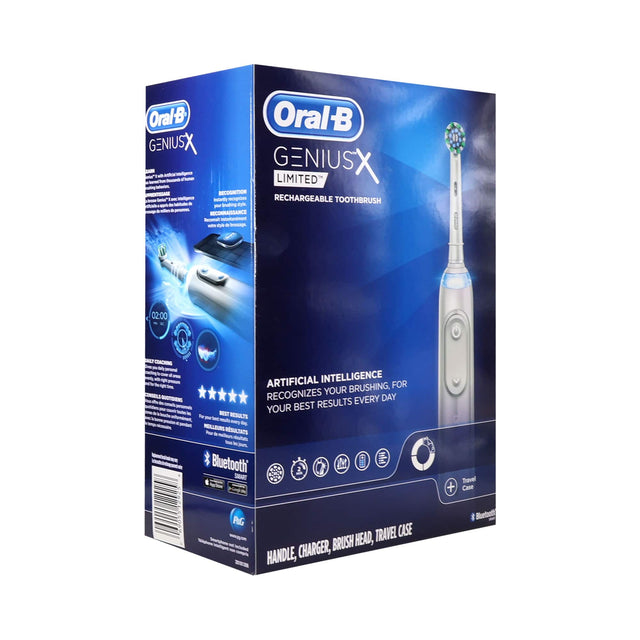 Oral-B Oral GENIUS X - LIMITED EDITION RECHARGEABLE TOOTHBRUSH

- RECOGNITION
- RECONNAGSANCE
- 02:00
- ARTIFICIAL INTELLIGENCE BRUSHING, FOR RECOGNIZES YOUR EVERY DAY YOUR BEST RESULTS
- Bluetooth SMART
- TRAVEL CASE
- BRUSH HEAD, HANDLE, CHARGER
- HANDLE, CHARGER, BRUSH HEAD, TRAVEL CASE
