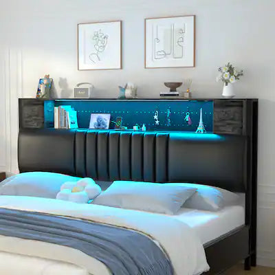Aheaplus - Queen Size Storage Headboard, Upholstered Headboard with Cabinets, LED Light, and Charging Station