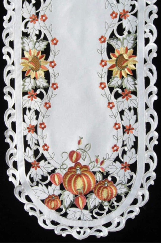 Front. Jiallo - Pumpkin Embroidered Cutwork Rectangular Table Runner, 15 by 70  inch Table Linen - Beige.