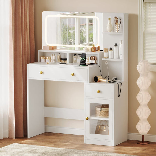 Front. Furnulem - 35 In Vanity Desk with Mirror and Lights Makeup Vanity with Drawers - White.