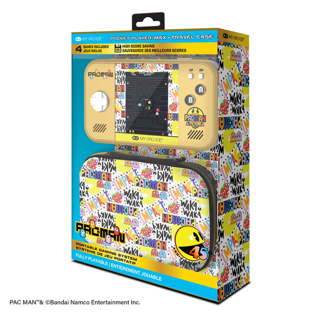 **POCKET PLAYER MAX + TRAVEL CASE**

**MY ARCADE**

- 4 GAMES INCLUDED
- HIGH SCORE SAVING

**4 JEUX INCLUS**
**SAUVEGARDE DES MEILLEURS SCORES**

**PACMAN**

**PORTABLE GAMING SYSTEM**
**SYSTÈME DE JEU PORTATIF**

**FULLY PLAYABLE | ENTIEREMENT JOUABLE**

**PAC MAN™ & © Bandai Namco Entertainment Inc.**