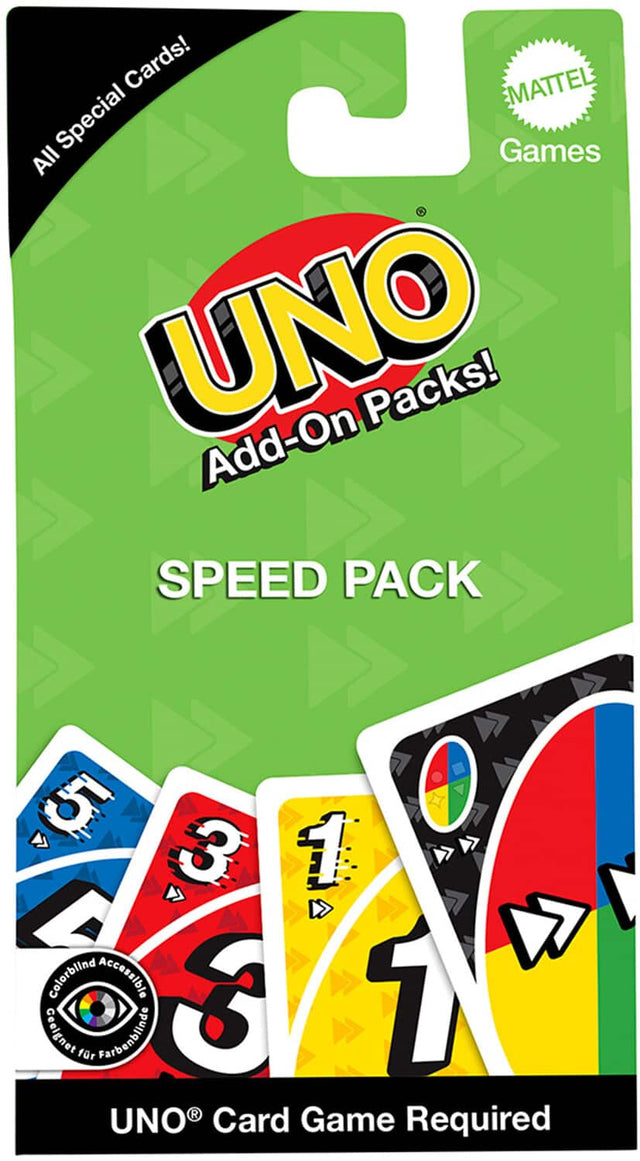UNO® Add-On Packs!  
SPEED PACK  

All Special Cards!  

Colorblind Accessible  
Ceelegnet für Farbenblinde  

UNO® Card Game Required  

MATTEL Games