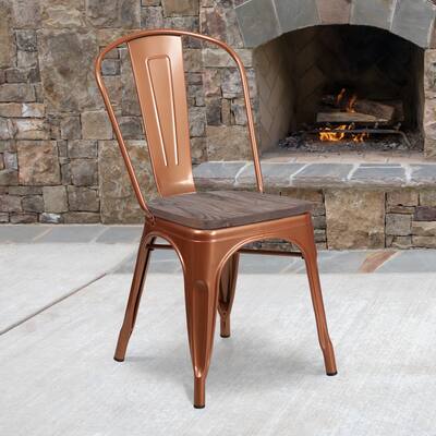 Emma + Oliver - Colorful Metal Dining Stack Chair with Wood Seat