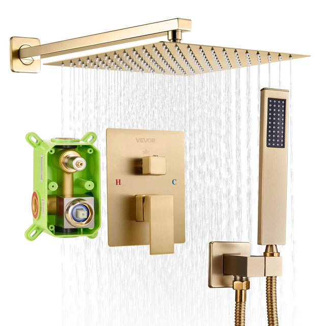 Front. VEVOR - Shower Faucet Set, Rainfall Bathroom Shower System with 10-Inch Square Rain Shower Head and Handheld Spray - Brushed Gold.