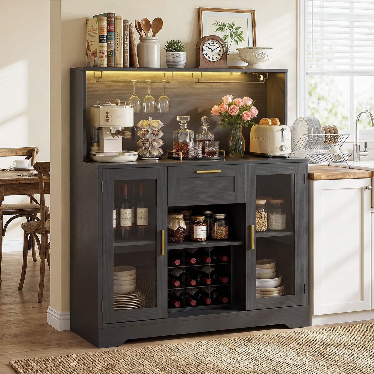 Aheaplus - Coffee Bar Cabinet with Drawer, 39.4''W Bar Cabinet with LED Lights and Doors - Black
