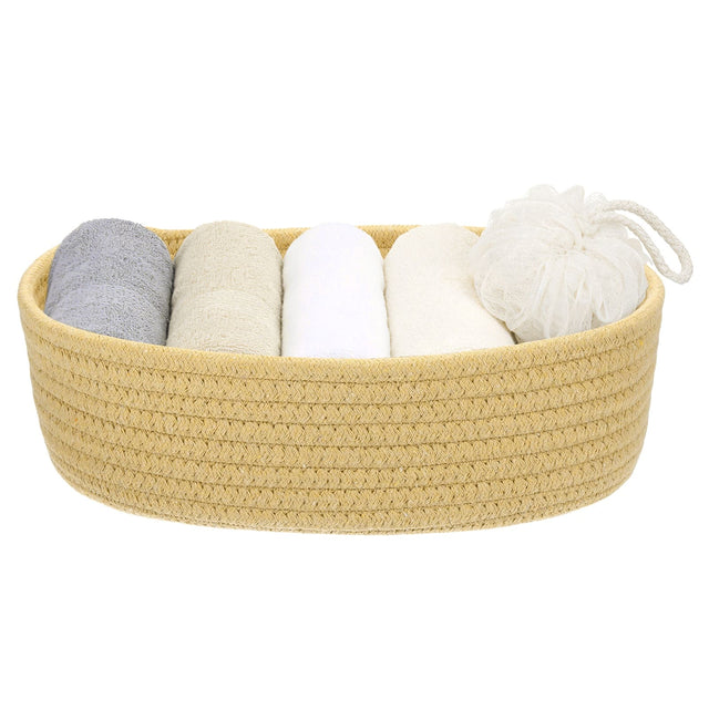 Front. Unique Bargains - Small Cotton Rope Woven Storage Basket, Mini Oval Bin 11.8x3.2" for Nursery Living Room Bedroom, Empty Gift Basket - Yellow.