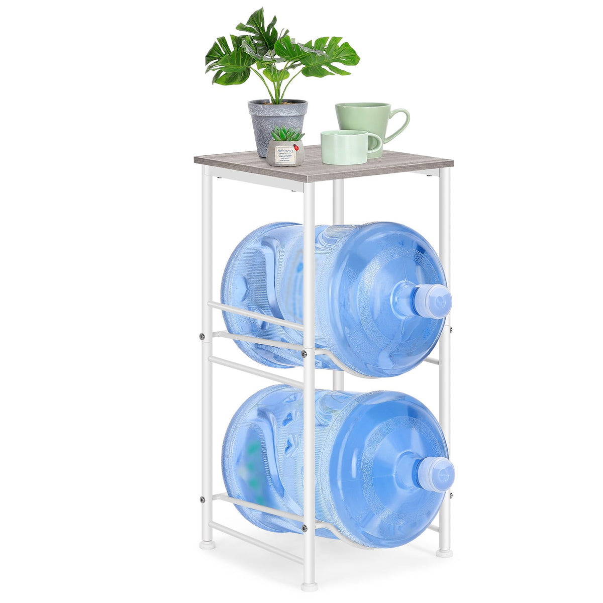 Oumilen - 2-Tier Water Jug Rack with Detachable Top Shelf, White Metal Frame & Grey Oak Board - White