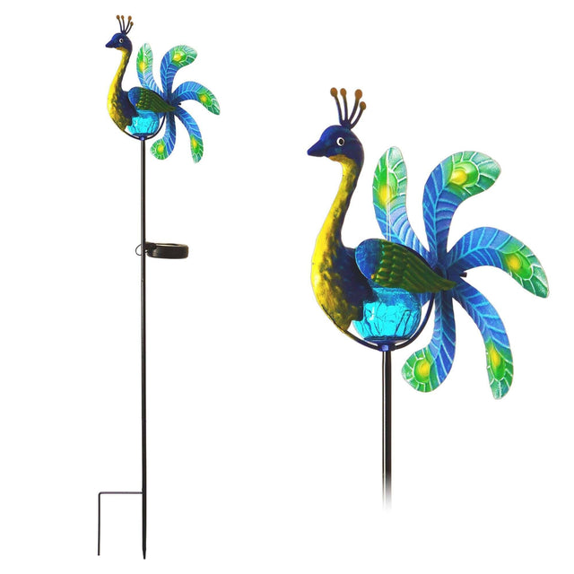 Front. G128 - Solar Peacock Metal Yard Wind Spinner Stake 38 inch with LED Lights - Blue, Green, Yellow.