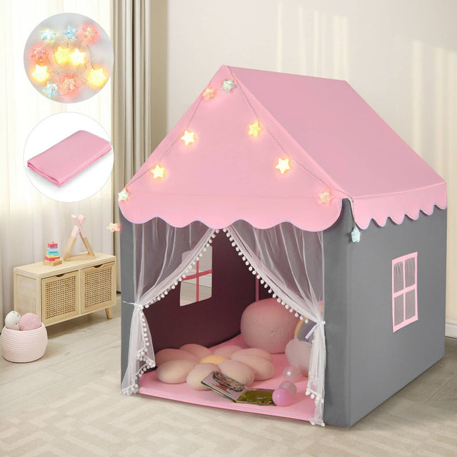 Front. Gymax - Gymax Kids Playhouse Tent Large Castle Fairy Tent Gift w/Star Lights Mat Pink - Pink + Gray.