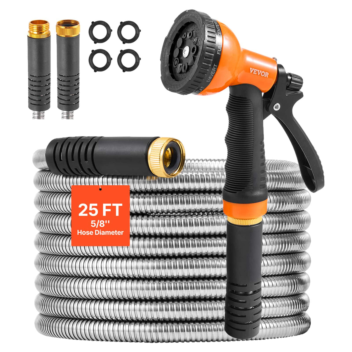 VEVOR - Metal Garden Hose 25 ft, Rust Proof Water Hose, Heavy Duty Backyard Hose with 10 Function Nozzle - Stainless Steel