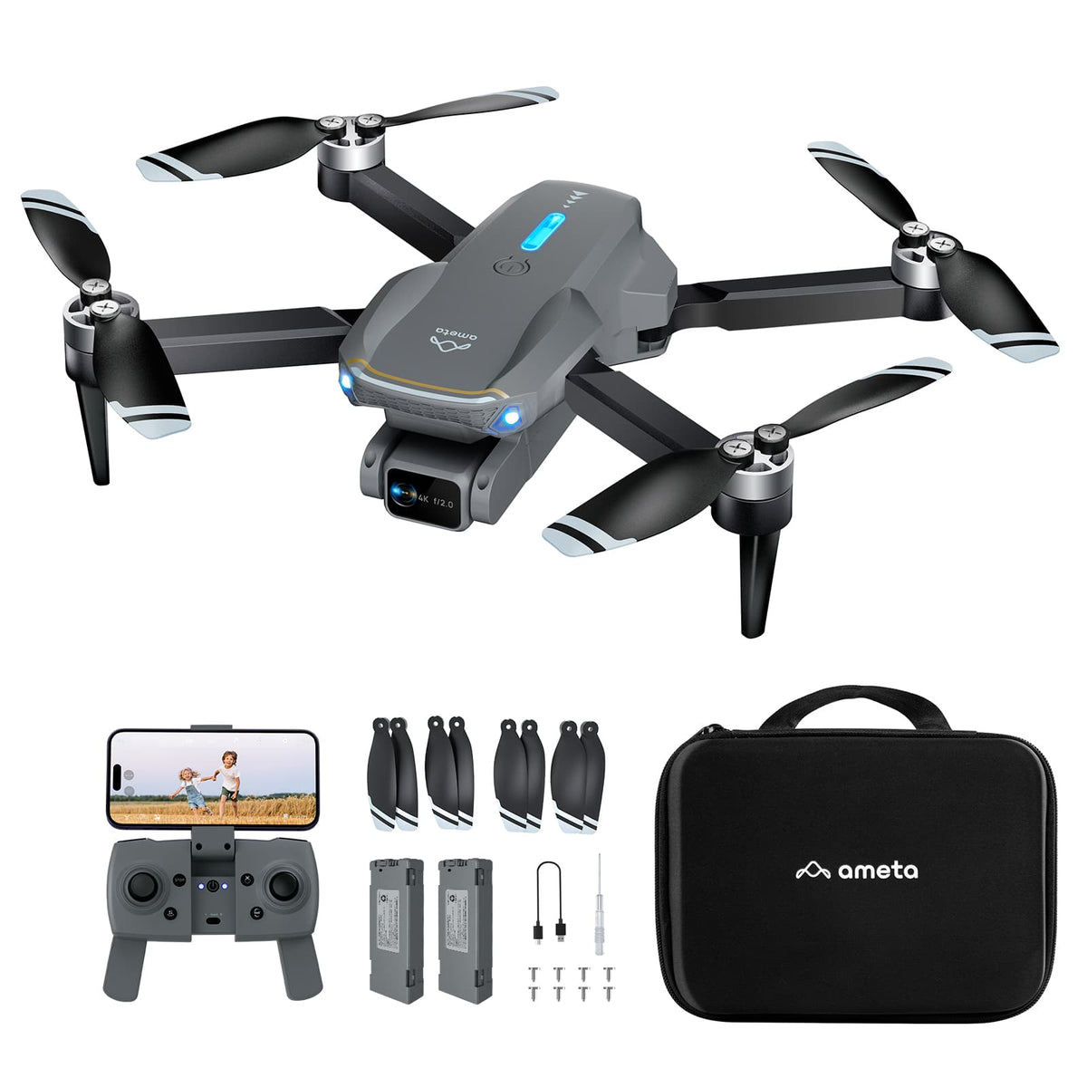 Ameta - S20 Lite Drone with Camera 4K with 2 Batteries and Remote Controller - Gray