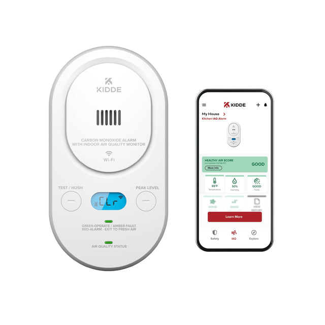 KIDDE KIDDE + My House Kitchen IAQ Alarm  
CARBON MONOXIDE ALARM WITH INDOOR AIR QUALITY MONITOR  
Wi-Fi  

HEALTHY AIR SCORE - GOOD  

TEST / HUSH  
PEAK LEVEL  

GREEN-OPERATE / AMBER-FAULT / RED-ALARM - EXIT TO FRESH AIR  

AIR QUALITY STATUS  

More Info  
Learn More  

65°F  
50%  
GOOD  

Temperature  
Humidity  
TVOC  

Safety  
IAQ  
Explore