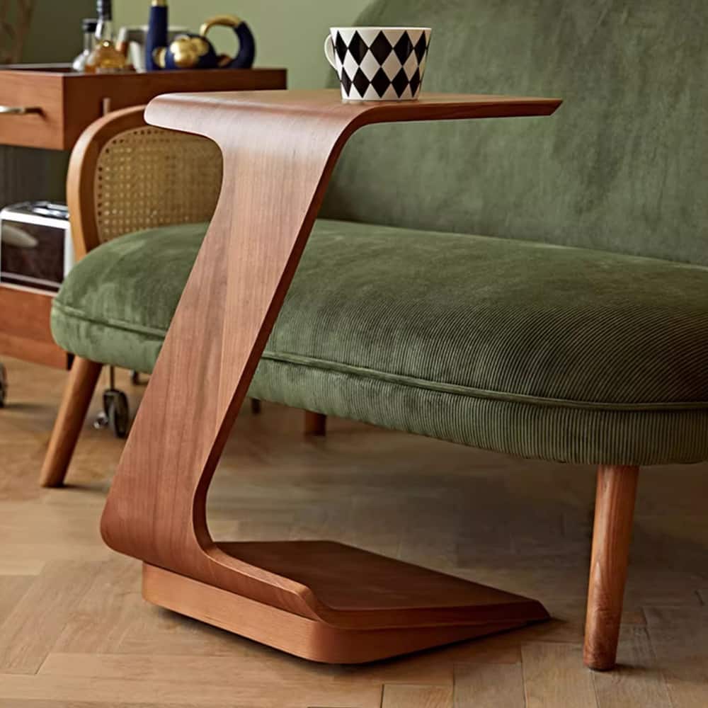 POVISON - 15" Modern C-Shaped Side Table with Wheels, Mid-Century Modern, End Table for Living Room - Walnut Color