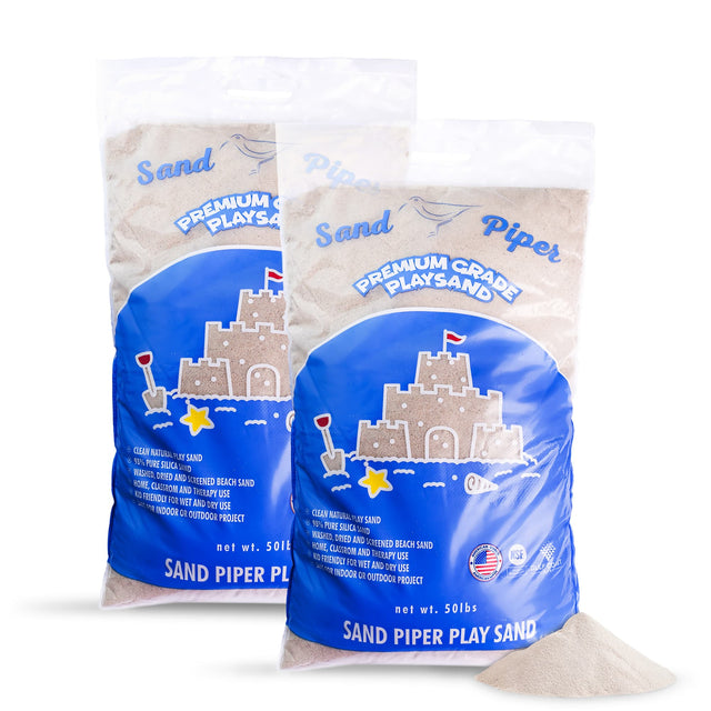 Sand Piper PREMIUM GRADE PLAYSAND  
CLEAN NATURALLY 90% PURE SILICA SAND  
WASHED, DRIED AND SCREENED BEACH SAND  
CLASSROOM AND THERAPY USE  
FRIENDLY FOR WET AND DRY USE INDOOR OR OUTDOOR PROJECT  
net wt. 50lbs  

Sand Piper PREMIUM GRADE PLAYSAND  
CLEAN NATURALLY 90% PURE SILICA SAND  
WASHED, DRIED AND SCREENED BEACH SAND  
CLASSROOM AND THERAPY USE  
FRIENDLY FOR WET AND DRY USE INDOOR OR OUTDOOR PROJECT  
net wt. 50lbs