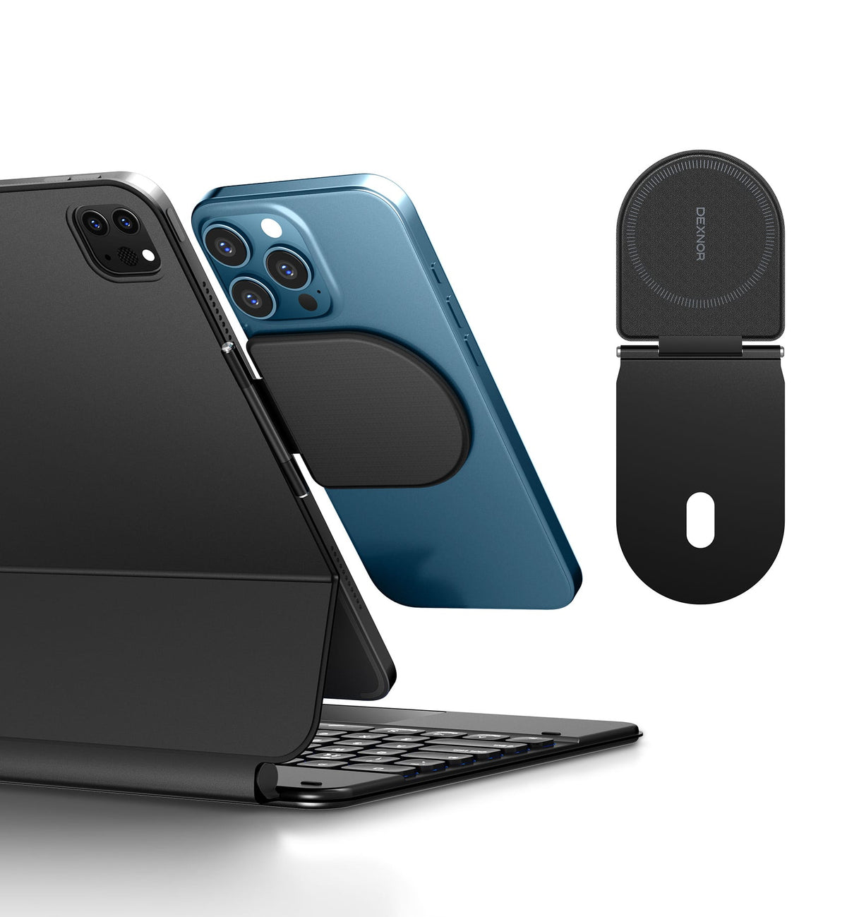 Dexnor - Magnetic Phone Holder, Slim Portable Foldable Productivity Stand Mount, Compatible with Pad/Samsung Magic Keyboard - Black