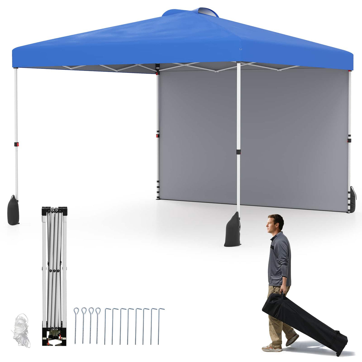 Gymax - 10 X 10 FT Pop up Canopy Tent w/ 1 Sidewall Wheeled Bag 8 Stakes & 4 Wind Ropes - Blue