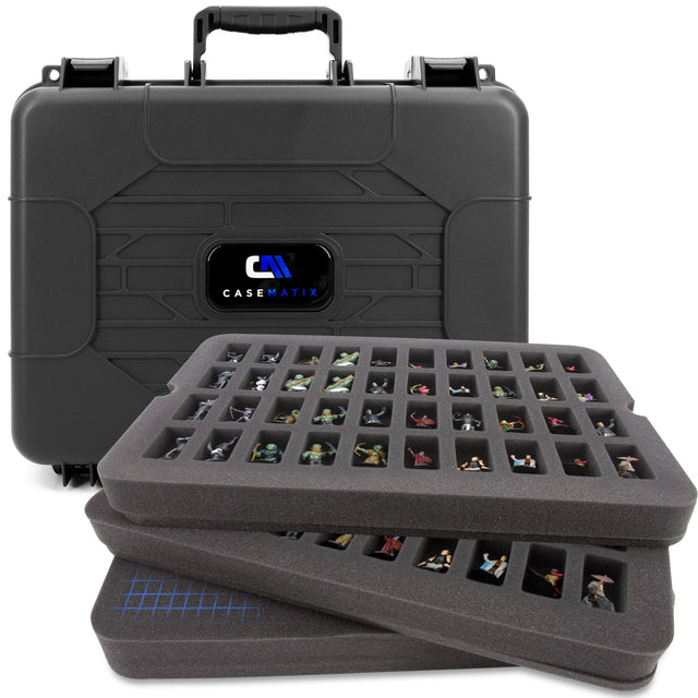 Front. CASEMATIX - Miniature Carrying Case - 80 Slot Figurine Miniature Storage Case For Warhammer 40K DND and More - Black.