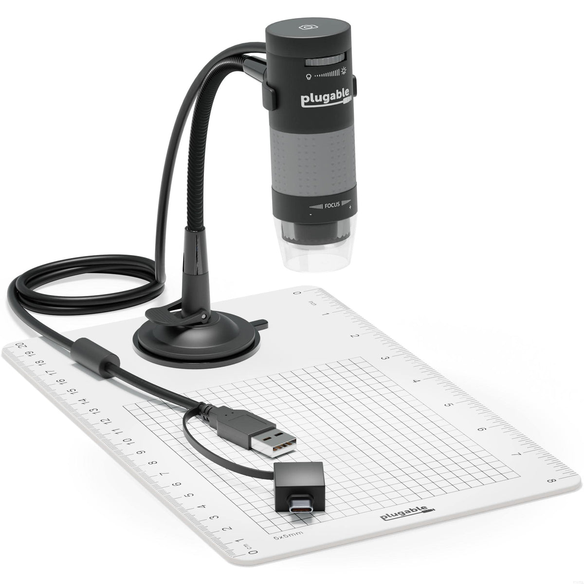 Plugable - USB Digital Microscope 250x, 2MP Micro Camera with Flexible Arm Stand - Handheld USB & USB-C Microscope for Adu - Black