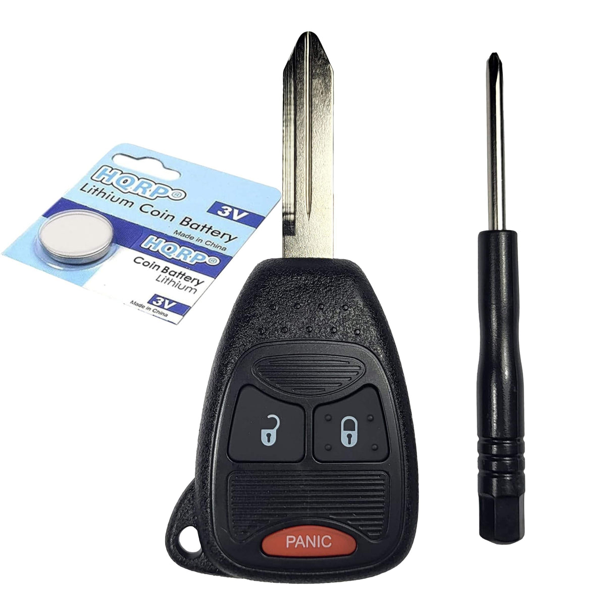 HQRP - Key Fob Remote Shell Case 3-Button with CR2032 Battery for Chrysler Dodge Jeep - Black