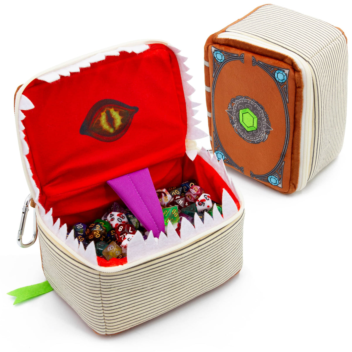 CASEMATIX - Mimic Spell Book Dice Case with 7 RPG Dice Set, Plush Dice Holder for 250 Dice, Travel-Ready