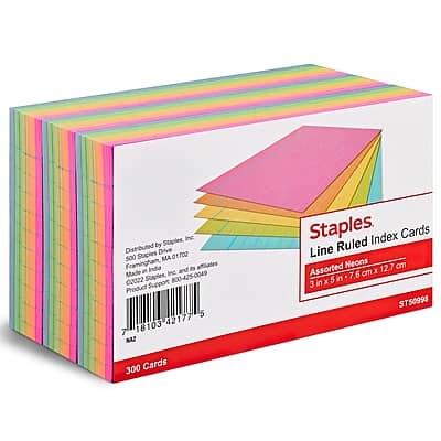 Staples - 3" x 5" Index Cards, Lined, 300/Pack - Assorted