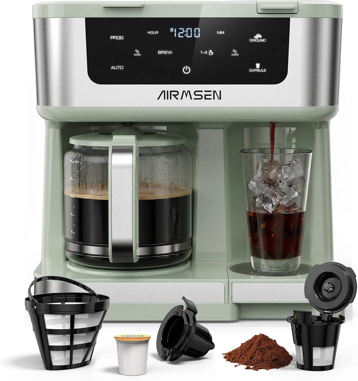 AIRMSEN - 12-Cup Drip Coffee Maker with K-Cup Combo, Single Serve & Carafe Coffee Machine - Mint Green