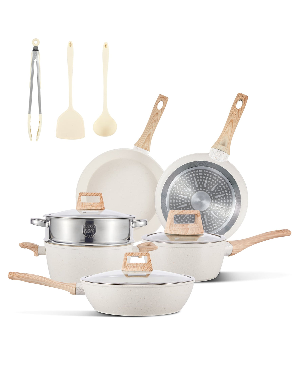 Sugift - 12-Piece Nonstick Ceramic Cookware Set, Granite Pots and Pans Set with Silicone Shovel, Spoon &Tongs - Beige